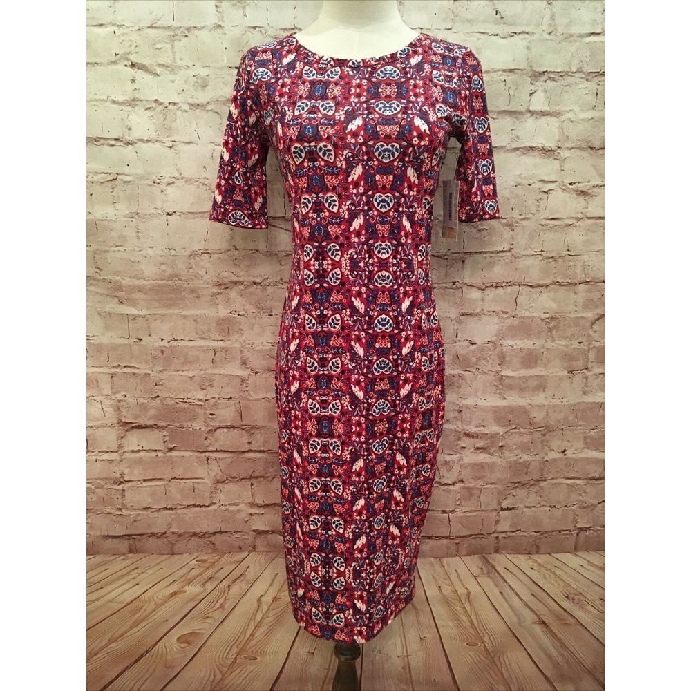 LuLaRoe Womens XXS Julia Pencil Sheath Midi Dress Red Blue Print Stretch NEW